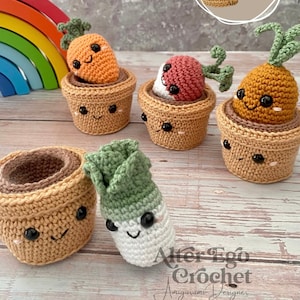 NO SEW Veggies in Töpfen Amigurumi Häkelanleitung Bundle, Karotte, Lauch, Kartoffel, Radieschen, Gemüse, Pastinaken, Obst, Lebensmittel, Pflanzen, Spielzeug-Set