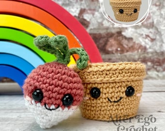 NO SEW radish in pot amigurumi crochet pattern, veggies, vegetables, fruit, food, beet, plants, stacking toy, set, instant download
