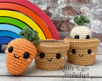 NO SEW Carrot in Pot amigurumi crochet pattern, veggies, vegetables, parsnip, fruit, food, plants, stacking toy, set, instant download