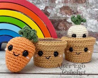 NO SEW Carrot in Pot amigurumi crochet pattern, veggies, vegetables, parsnip, fruit, food, plants, stacking toy, set, instant download