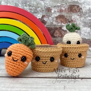 NO SEW Carrot in Pot amigurumi crochet pattern, veggies, vegetables, parsnip, fruit, food, plants, stacking toy, set, instant download