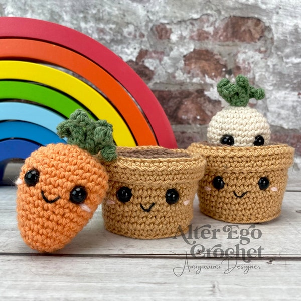 NO SEW Carrot in Pot amigurumi crochet pattern, veggies, vegetables, parsnip, fruit, food, plants, stacking toy, set, instant download