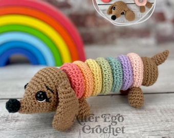 Dog crochet amigurumi pattern, playset, stacking toy, interactive, Ringo the Rainbow wiener dog, dachshund, puppy