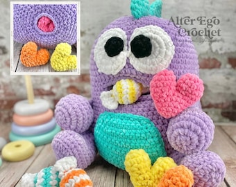 Modèle amigurumi au crochet Monster Surprise, mamans et bébés, amour, Saint-Valentin, ensemble de jeu, jouet à empiler, interactif, coeur, bonbons, manger