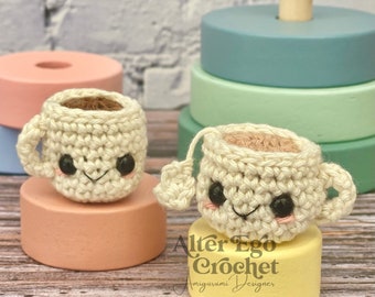 Mini Coffee & Tea crochet amigurumi pattern, drink, cup, beverage, mug, kawaii, keychain, food, playfood, gift, cute, small, little, kaffe