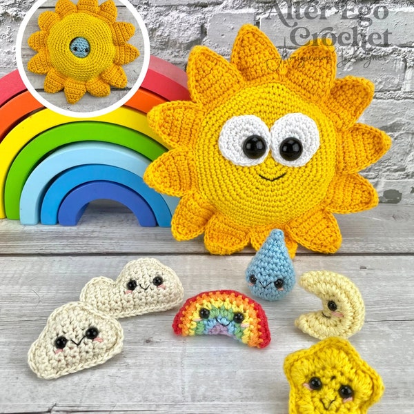 NO SEW (except eyes) sun weather amigurumi crochet pattern, sky, cloud, rainbow, rain drop, star, sunny surprise, playset, summer, stacking