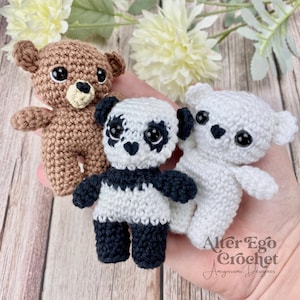 3 x bear crochet amigurumi patterns, polar bear, panda, grizzly bear, bears, teddy bear, Pocket Friends, mini, small, hæklet bamse, PDF file