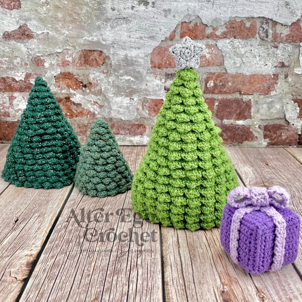 Christmas Tree and Gift crochet amigurumi patterns, present, ornament, decoration, pine, juletræ, tannenbaum, decor, gift set, holiday, jul