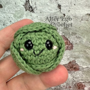 May include: A green crocheted brussels sprout with a smiling face and black eyes. The crocheted sprout is being held in a hand. The text "Alter Ego Crochet" is visible in the background.
