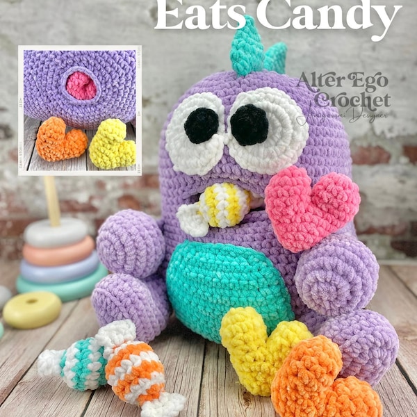 Monster Surprise crochet amigurumi pattern, mom and baby babies, love, valentine, playset, stacking toy, interactive, heart, candy, eat