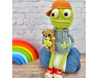 Patrón amigurumi de ganchillo de rana, Freddy la rana, sapo, osito de peluche, sudadera con capucha, felpa, juguete, animal, hæklet frø, patrón PDF descarga instantánea