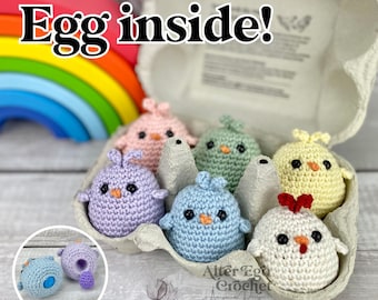 NO SEW Chicken with egg crochet amigurumi pattern, rooster, surprise, mom and baby, babies inside, easter, playset, instant PDF download