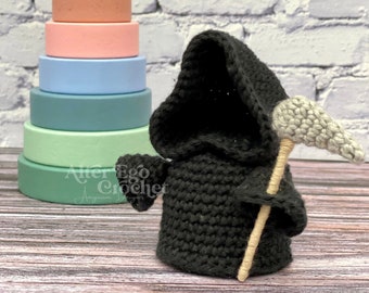 Patrón de crochet Amigurumi Grim Reaper, muerte, halloween, aterrador, espeluznante, tumba, días de los muertos, manden med leen, descarga instantánea en PDF