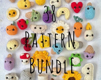 ミニあみぐるみかぎ針編みパターンバンドル、極小、小さい、動物、果物