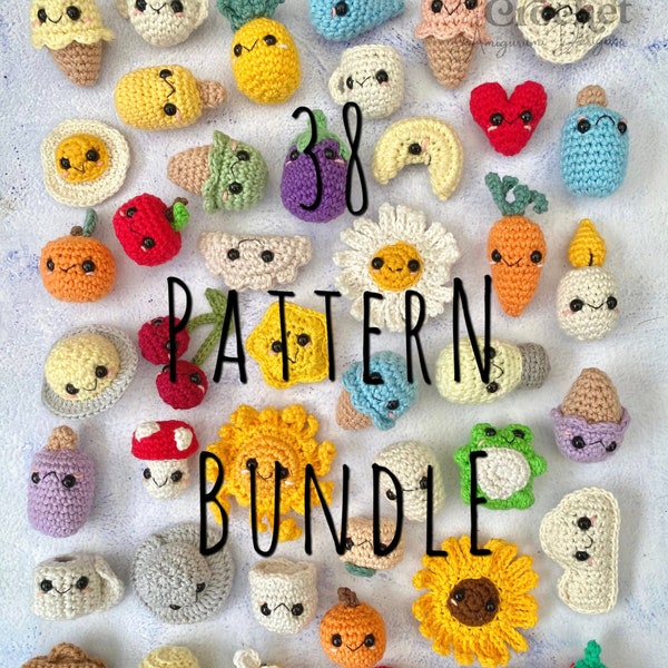 Lot de mini motifs au crochet amigurumi, minuscule, petit, animal, fruit, fleur, crème glacée, légumes, météo, nourriture, tasse, étoile, ovni, modèle PDF