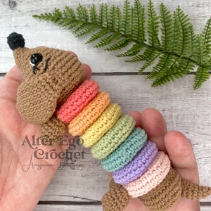 Dog crochet amigurumi pattern, playset, stacking toy, interactive, Ringo the Rainbow wiener dog, dachshund, puppy, plushie learning toys