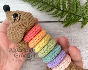 Dog crochet amigurumi pattern, playset, stacking toy, interactive, Ringo the Rainbow wiener dog, dachshund, puppy, plushie learning toys
