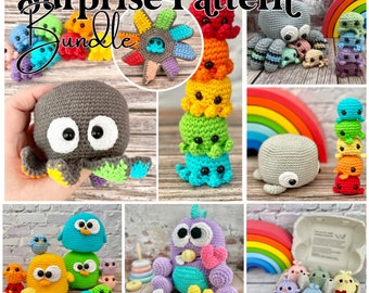 Crochet amigurumi surprise pattern bundle, mom and baby animals, octopus, whale, chicken, interactive toy, playset, instant PDF download