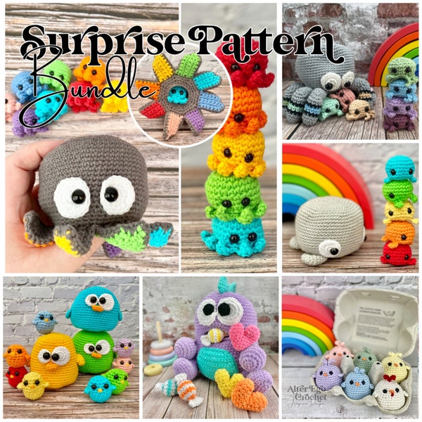 Lot de motifs surprise amigurumi au crochet, maman et bébés animaux, pieuvre, baleine, poulet, jouet interactif, ensemble de jeu, téléchargement PDF instantané