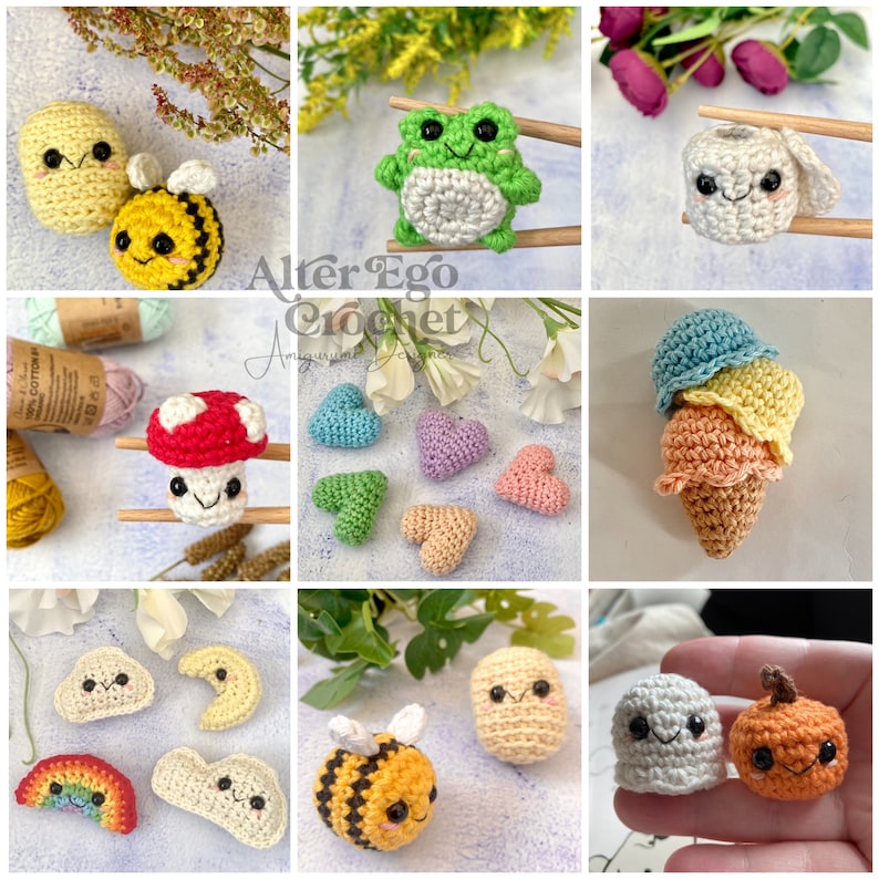 Mini amigurumi crochet pattern bundle, tiny, small, animal, fruit, flower, ice cream, vegetables, weather, food, cup, star, ufo, PDF pattern image 6