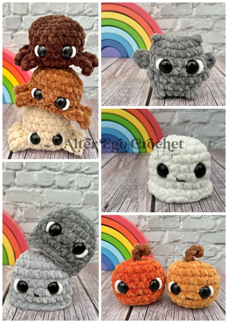 May include: A collection of crocheted plush toys in various colors and shapes, including a stack of three brown, orange, and white plush toys, a gray plush toy with a rainbow in the background, a white plush toy with a rainbow in the background, and two orange plush toys with brown stems.