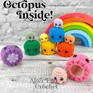 NO SEW - mama and baby octopus crochet amigurumi pattern, squid, mom, mama, babies, jellyfish, stacking toy, surprise, interactive, fish