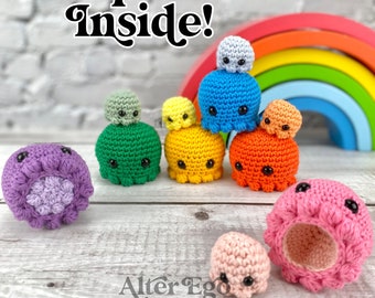 NO SEW - mama and baby octopus crochet amigurumi pattern, squid, mom, mama, babies, jellyfish, stacking toy, surprise, interactive, fish