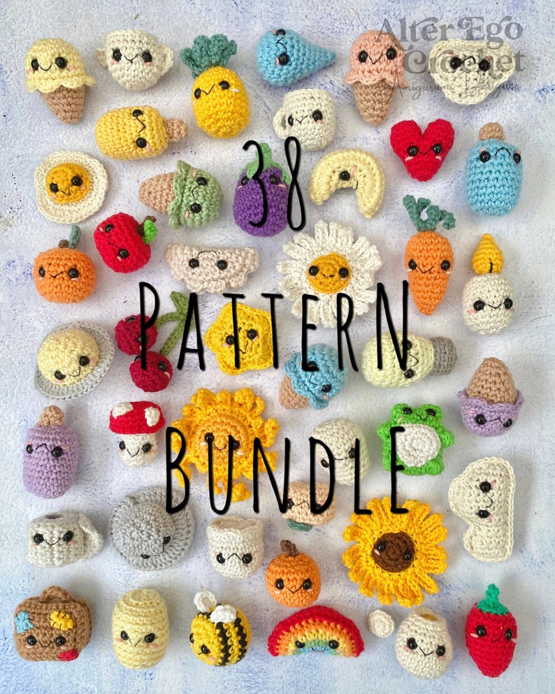 Mini amigurumi crochet pattern bundle, tiny, small, animal, fruit, flower, ice cream, vegetables, weather, food, cup, star, ufo, PDF pattern image 1