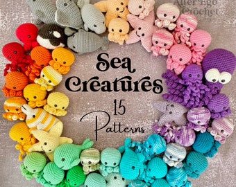 Amigurumi crochet sea creatures bundle pattern, octopus, ray, manatee, orca, whale, squid, fish, starfish, manta ray, stingray, penguin