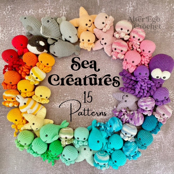 Patrón de paquete de criaturas marinas de crochet Amigurumi, pulpo, raya, manatí, orca, ballena, calamar, pez, estrella de mar, manta raya, mantarraya, pingüino