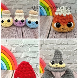 May include: A set of crocheted amigurumi toys, including a red, orange, and yellow potion bottle, a red heart, and three gray wizard hats with yellow, purple, and blue accents. The toys are arranged on a wooden surface with a rainbow background.