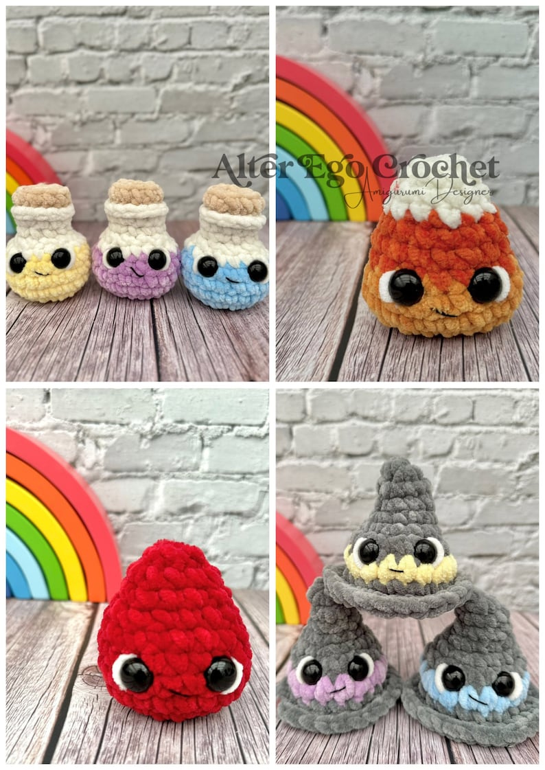 May include: A set of crocheted amigurumi toys, including a red, orange, and yellow potion bottle, a red heart, and three gray wizard hats with yellow, purple, and blue accents. The toys are arranged on a wooden surface with a rainbow background.