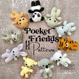 Pocket Friends bundle crochet amigurumi pattern, elephant, cat, tiger, dog, panda, hippo, bunny, giraffe, koala, polar bear, kawaii, small