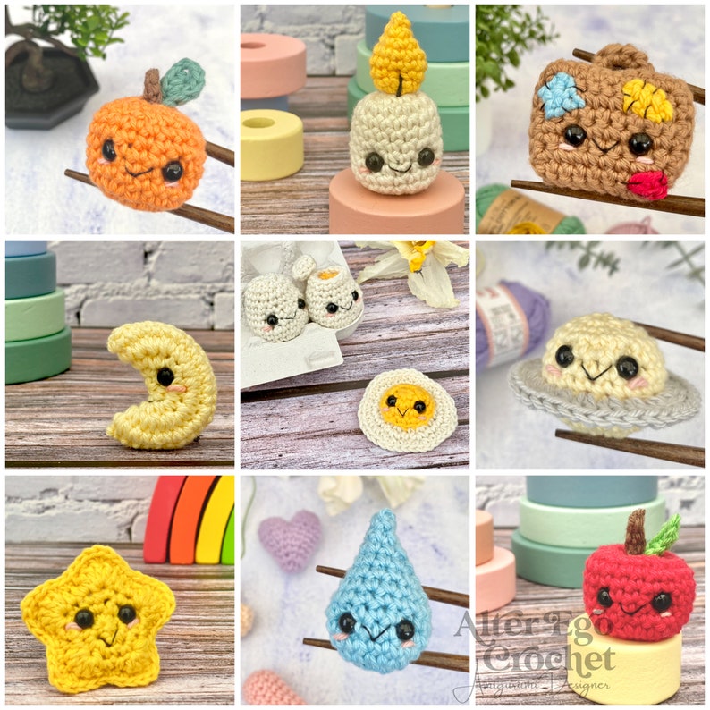 Mini amigurumi crochet pattern bundle, tiny, small, animal, fruit, flower, ice cream, vegetables, weather, food, cup, star, ufo, PDF pattern image 3