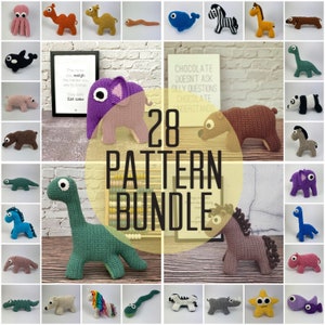 Amigurumi crochet pattern bundle, horse, elephant, unicorn, zebra, giraffe, hippo, rhino, pig, dragon, panda, donkey, dinosaur, snake, worm