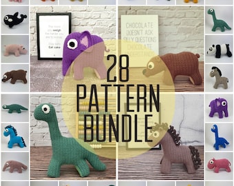 Amigurumi crochet pattern bundle, horse, elephant, unicorn, zebra, giraffe, hippo, rhino, pig, dragon, panda, donkey, dinosaur, snake, worm