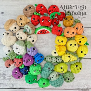 May include: A rainbow of crocheted fruit and vegetable amigurumi toys. The toys are arranged in a circle, with the red strawberries at the top, followed by orange peaches, yellow lemons, green peas, blue blueberries, purple eggplants, and brown mushrooms.