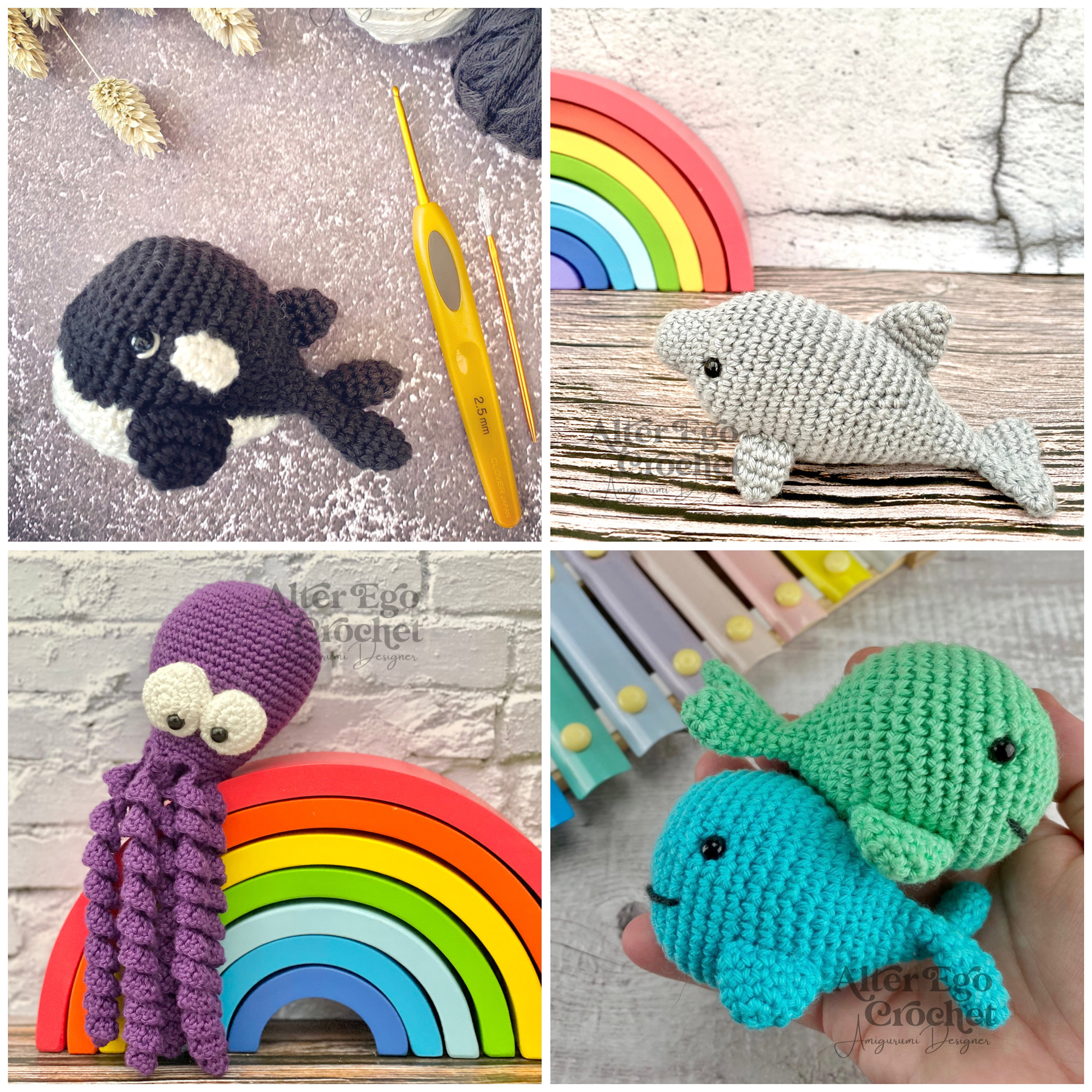 アミグルミかぎ針編みの海の生き物の束のパターン、タコ、エイ