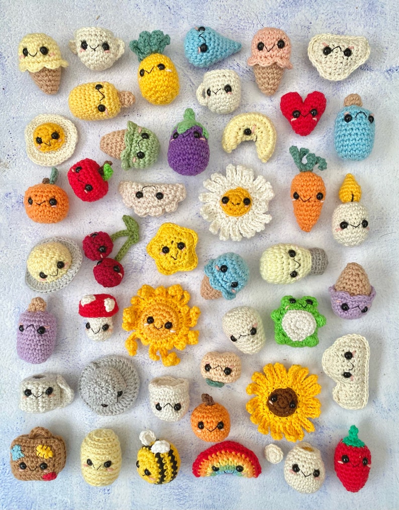 Mini amigurumi crochet pattern bundle, tiny, small, animal, fruit, flower, ice cream, vegetables, weather, food, cup, star, ufo, PDF pattern image 2