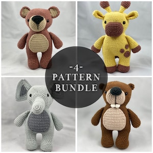 BUNDLE teddy bear crochet amigurumi pattern, crochet giraffe, crochet elephant, crochet beaver, crochet amigurumi pack, animal, PDF download