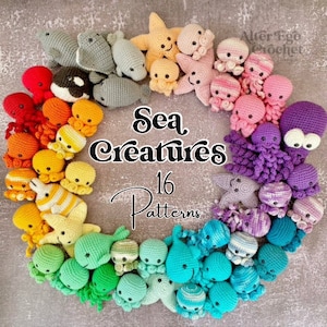 Amigurumi crochet sea creatures bundle pattern, octopus, ray, manatee, orca, whale, squid, fish, starfish, manta ray, stingray, penguin