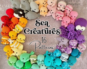 Amigurumi crochet sea creatures bundle pattern, octopus, ray, manatee, orca, whale, squid, fish, starfish, manta ray, stingray, penguin