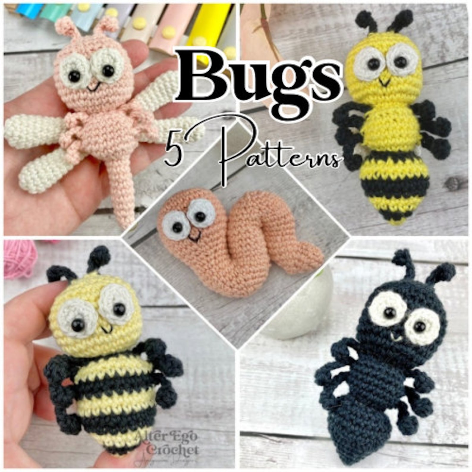 Crochet Insect Screen LOW SEW Bugs Crochet Amigurumi Pattern Bundle, 5 Insect Toys, Worm, Bee ...