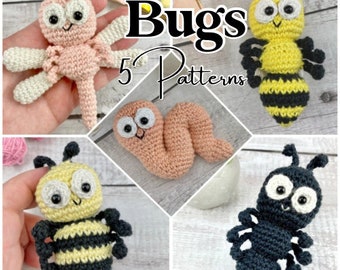 May include: Five crochet bug patterns: a pink dragonfly, a yellow and black bee, a pink worm, a yellow and black bee, and a black ant.