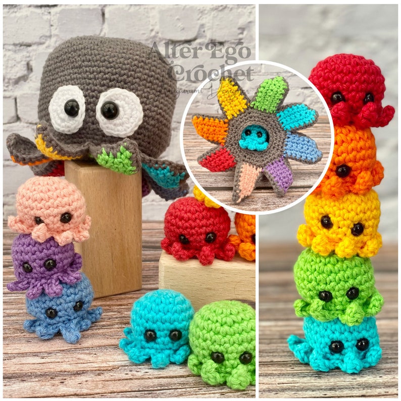NO SEW except the eyes octopus amigurumi crochet surprise pattern, playset, interactive toy, stacking toy, squid, mom and baby octopus image 4