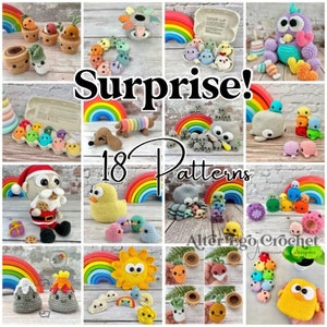 18 patterns Crochet amigurumi surprise bundle, mom and baby animals, octopus, whale, chicken, dog, no sew, interactive toy, playset