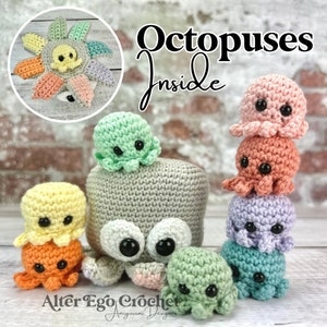 NO SEW (except the eyes) - octopus amigurumi crochet surprise pattern, playset, interactive toy, stacking toy, squid, mom and baby octopus
