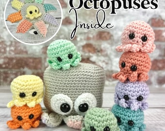 NO SEW (except the eyes) - octopus amigurumi crochet surprise pattern, playset, interactive toy, stacking toy, squid, mom and baby octopus