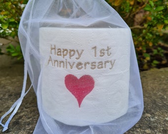 Happy 1st Anniversary Wedding Embroidered toilet paper, toilet roll, paper gift, joke gift, husband, wife, Heart Present