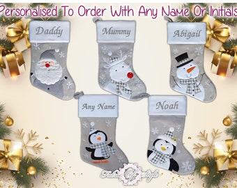 Personalised Christmas Stocking  Christmas Luxury Embroidered Xmas Stockings Santa Reindeer Snowman   Grey